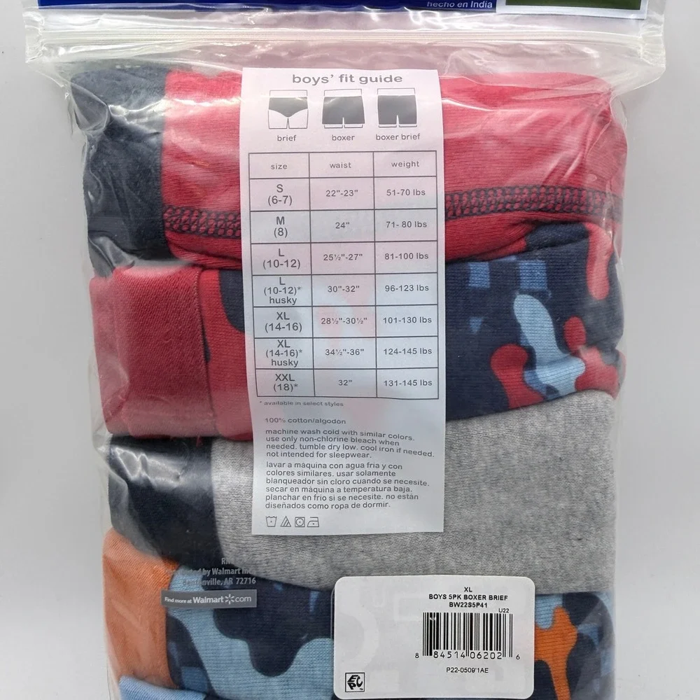 Wonder Nation Boxer‎ Briefs Boys XL 14-16 5 Pack Camo Solid Cotton BW22S5P41